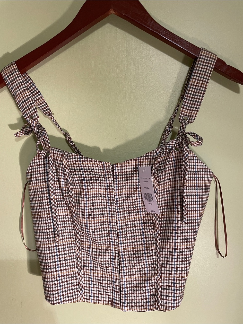 Checked Tie-Strap Bustier Top in Brown and Cream New with Tags Sz Sm Willow-Root